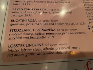 Pasta Menu